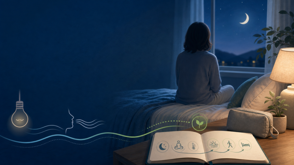 失眠衛教插畫：夜晚窗邊的人、床頭燈與睡眠習慣筆記。