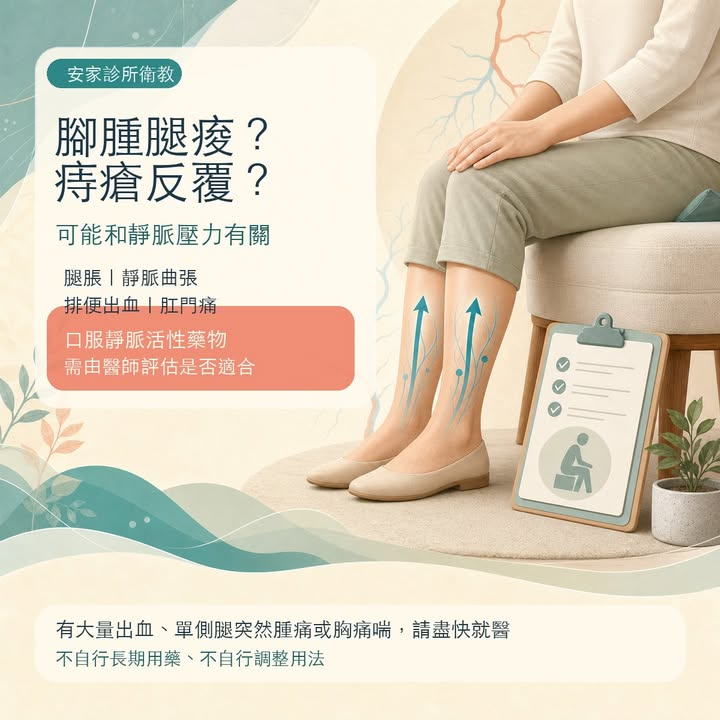 腳腫、腿痠、靜脈曲張，和痔瘡其實都可能和「靜脈壓力、血液回流」有關。