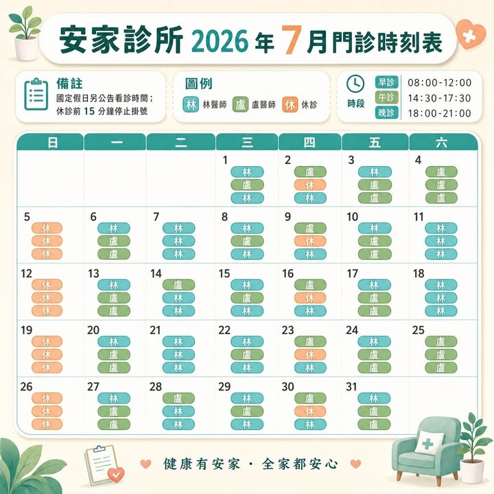⏰ 2026年07月 (115/7）門診表⏰