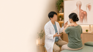 醫師向肩頸痠痛患者說明激痛點與肌筋膜疼痛，背景有肩背肌肉示意圖｜安家診所